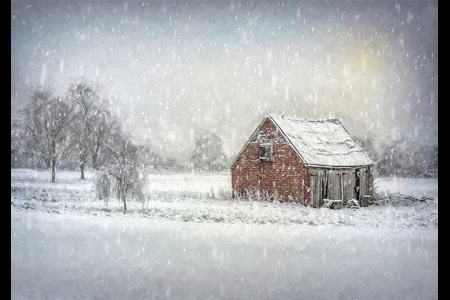 Log Shack In Snowy Landscape