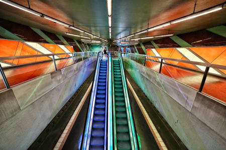 Escalator In Blue And Green