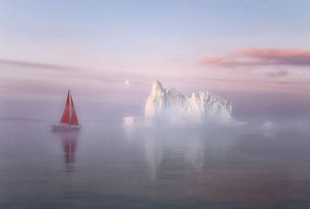 Red Sailboat And White Iceberg